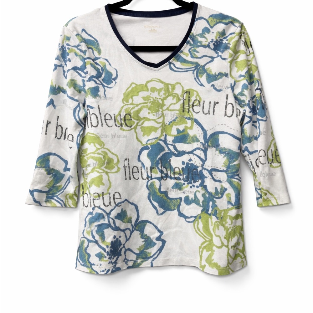 Allison Daley Floral V-Neck Top Blue Green 3/4 Sleeve Medium